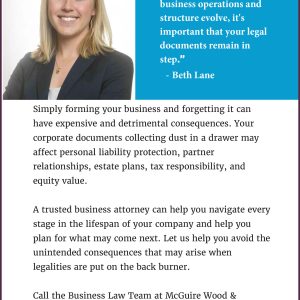 McGuire Wood & Bissette Attorney Beth Lane Article "Businesses change. Are Your Company Documents Keeping Pace?"