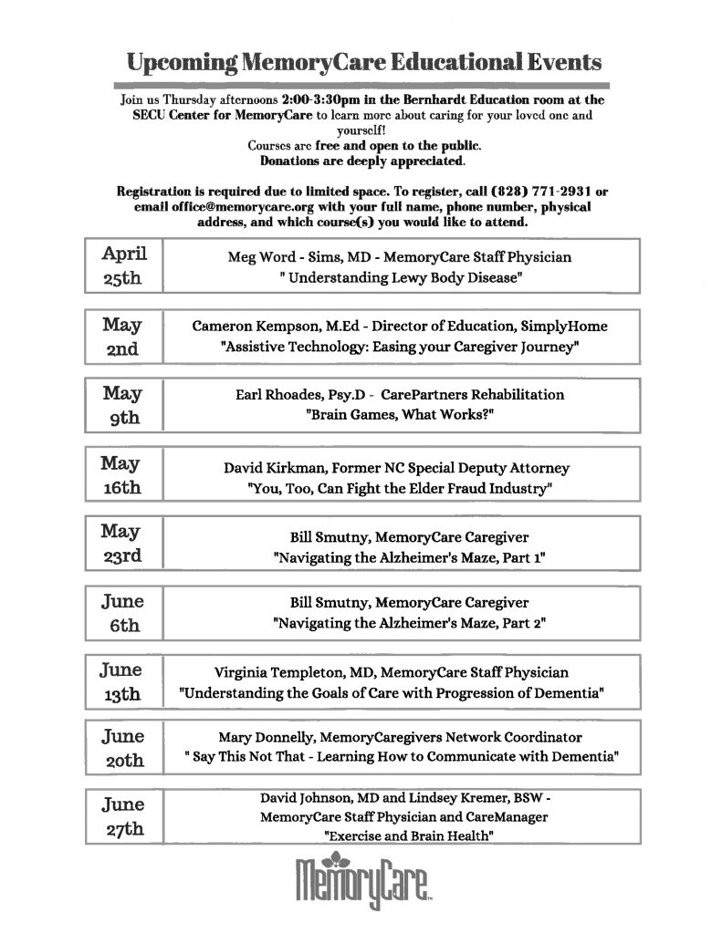 Upcoming MemoryCare Educational Events