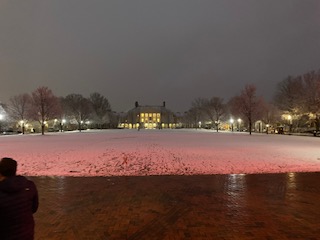 Wake Forest University's Hearn Plaza at night after fresh snow.